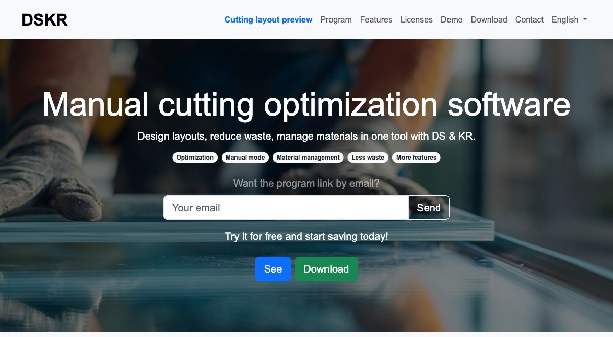 Preview of the DSKR glass cutting software homepage