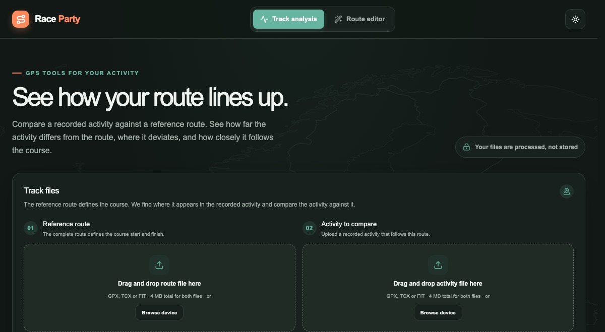 Preview of the Race Party GPS route tools homepage in dark mode