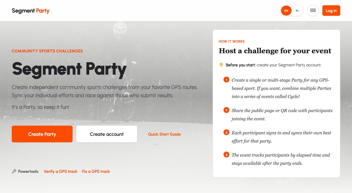 Preview of the Segment Party homepage for GPS-based sports challenges